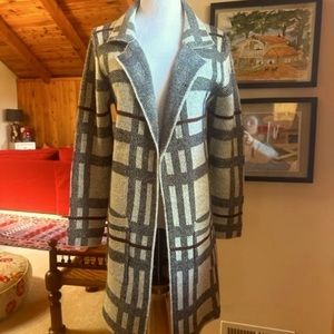 MONTEAU Black Gray Maroon Plaid Open Long Cardigan Coat – M